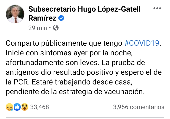 Hugo López-Gatell da positivo a COVID-19