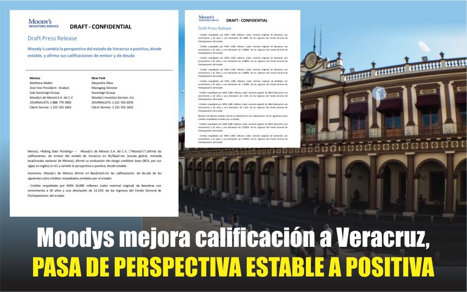 Moodys mejora calificación a Veracruz, pasa de perspectiva estable a positiva