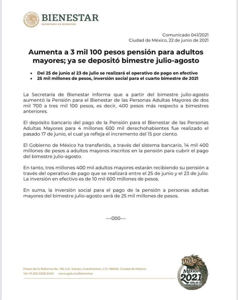 Aumentó a 3 mil 100 pesos la pensión para adultos mayores