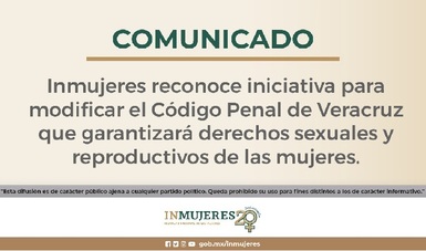 Inmujeres reconoce iniciativa para modificar el Código Penal de Veracruz que garantizará derechos sexuales y reproductivos de las mujeres.