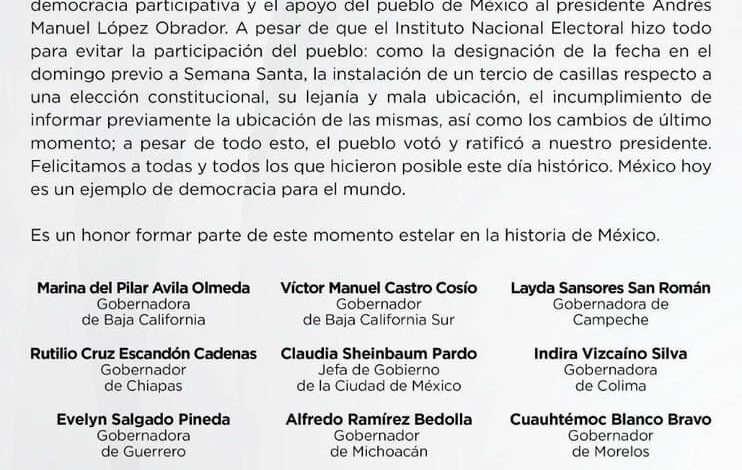 Cuitláhuac García celebró, junto otros mandatarios de Morena, la jornada de Revocación de Mandato