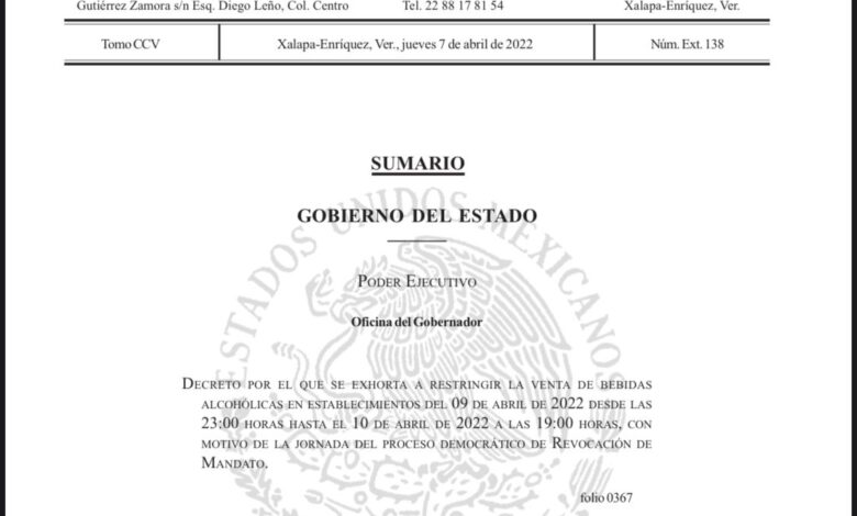 Decreta Gobernador Ley Seca durante la jornada de la Consulta Pública