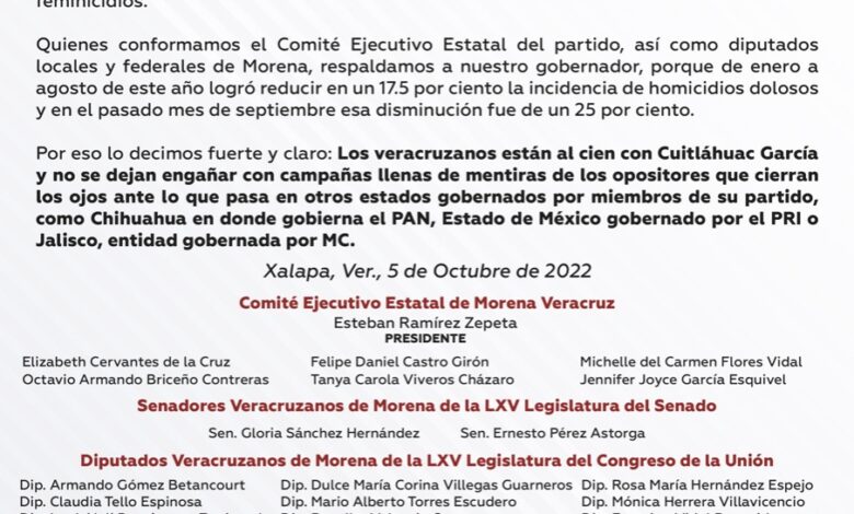 Respaldo total a nuestro gobernador por resultados en materia de Seguridad: CEE de Morena, Senadores, Diputados Federales y Locales de Morena